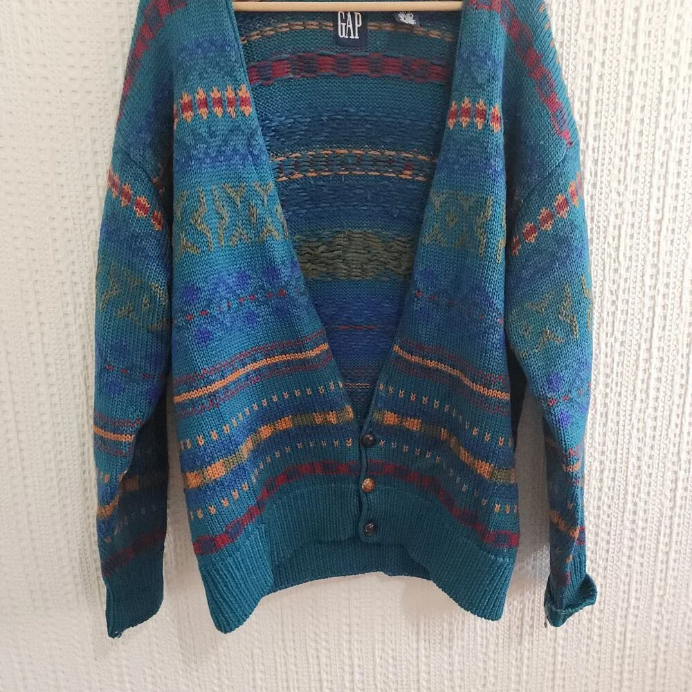 GAP Teal Multicolor Patterned Men's Cardigan